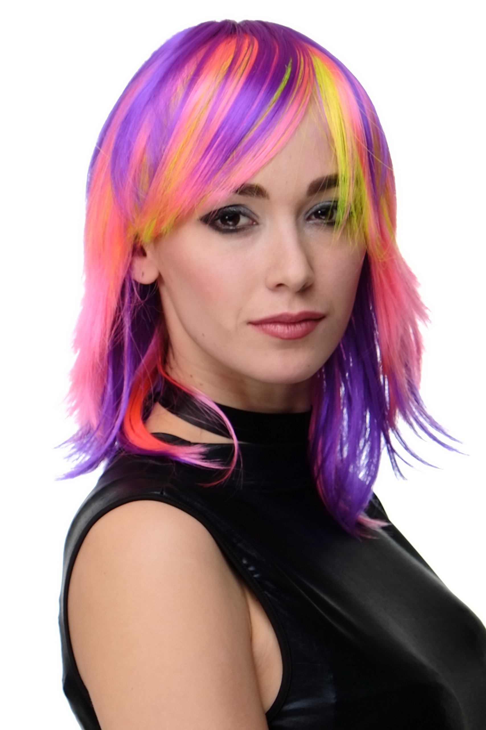 wig-me-up-tyw60367-neon-damenper-cke-vielfarbig-lila-pink-gelb-mit-pony-40-cm image 5