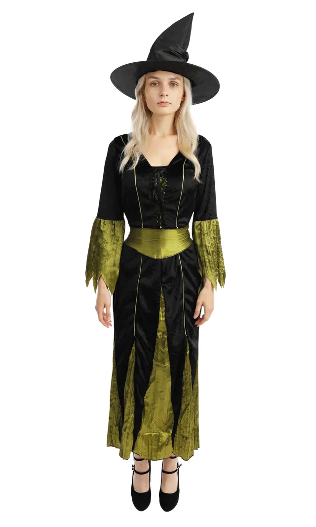 p-tit-clown-hexenkleid-damen-lang-schwarz-gr-n-gr-l-mit-hut image 1