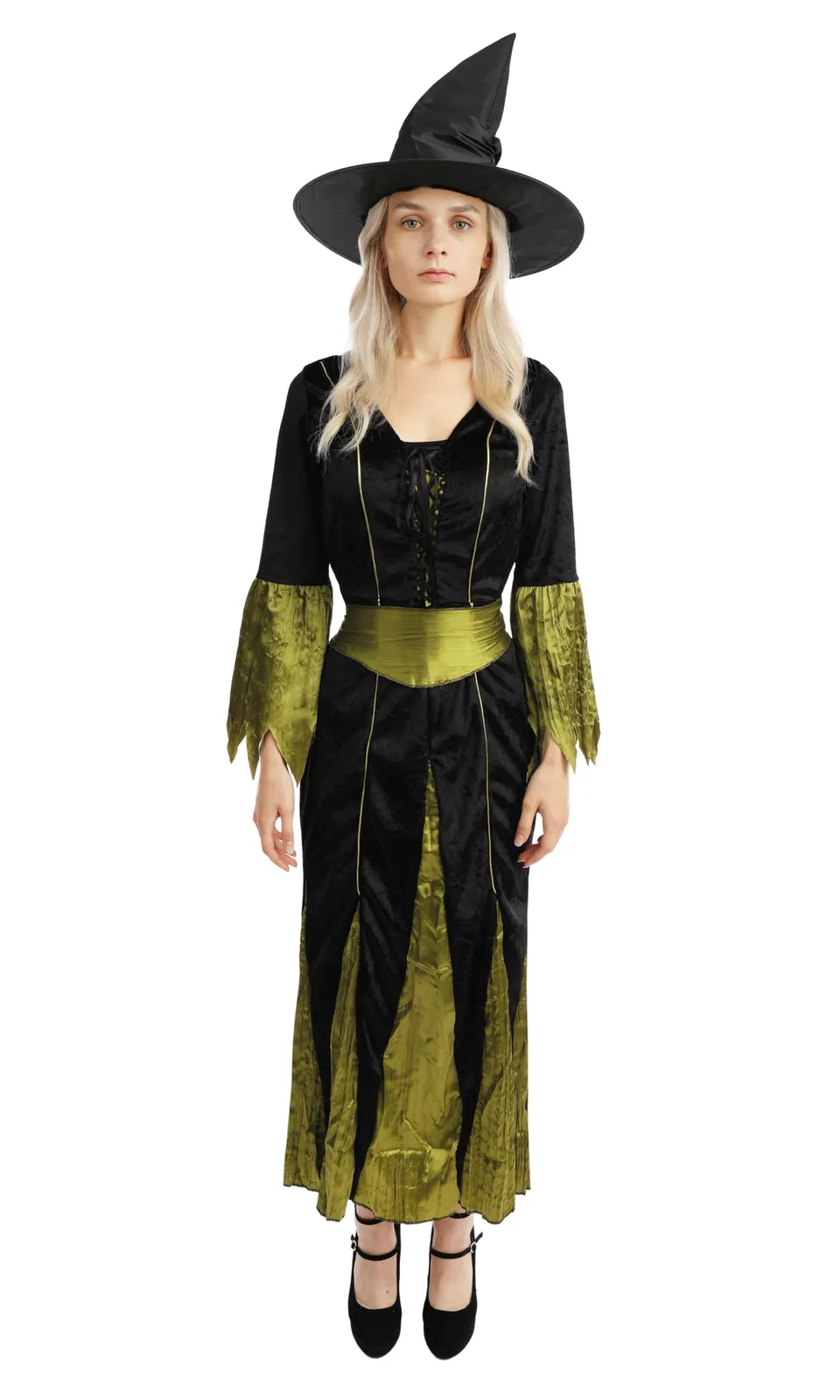 p-tit-clown-hexenkleid-damen-lang-schwarz-gr-n-gr-l-mit-hut image 1
