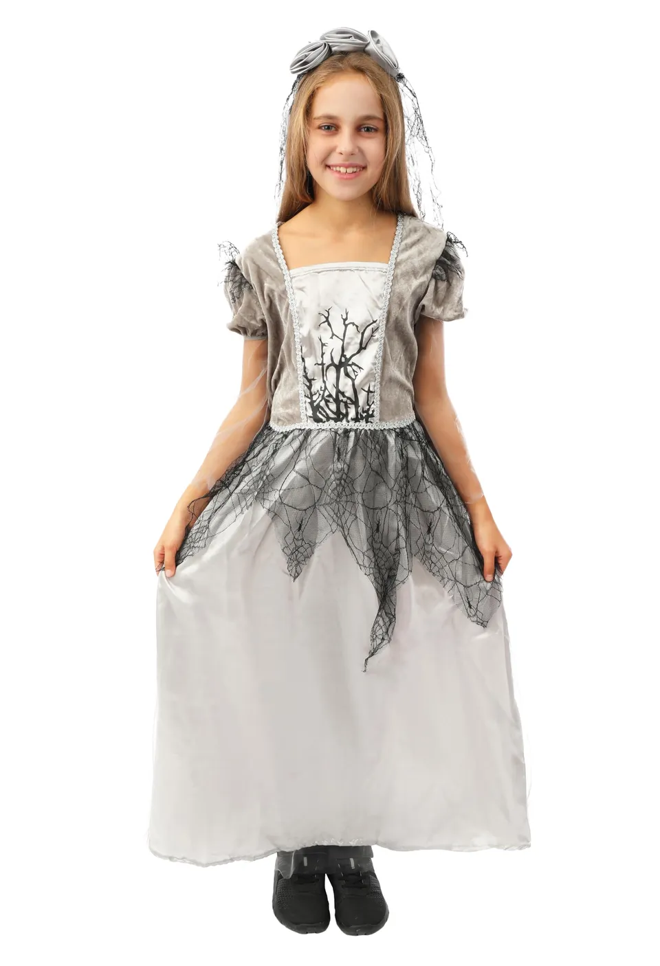 ptit-clown-spinnenbraut-kost-m-grau-kind-mit-haarreif-und-kleid image 1