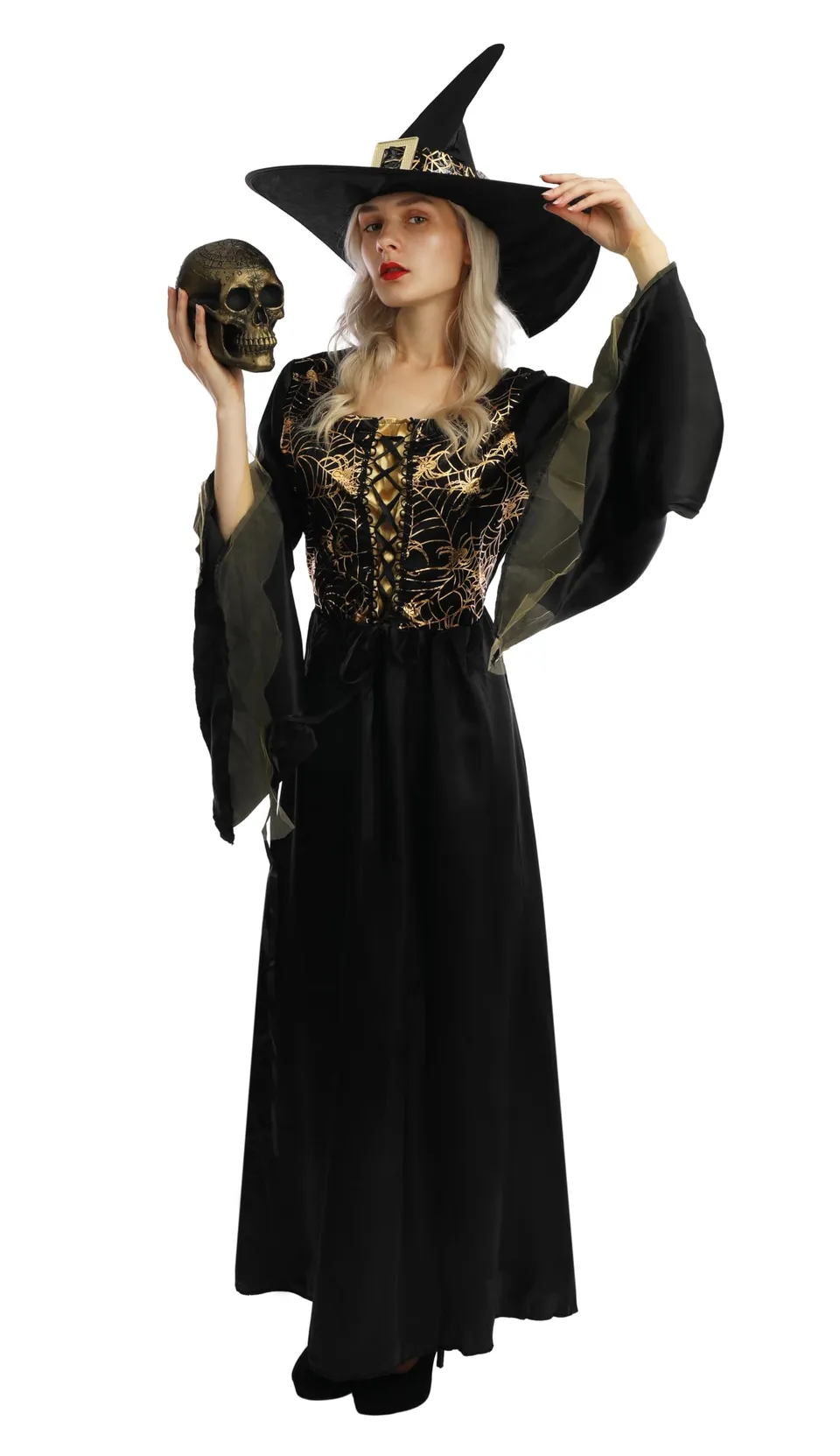 ptit-clown-hexenkost-m-damen-mittelalter-schwarz-gold-mit-hut image 1