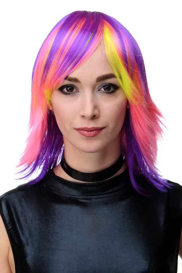 wig-me-up-tyw60367-neon-damenper-cke-vielfarbig-lila-pink-gelb-mit-pony-40-cm image 1
