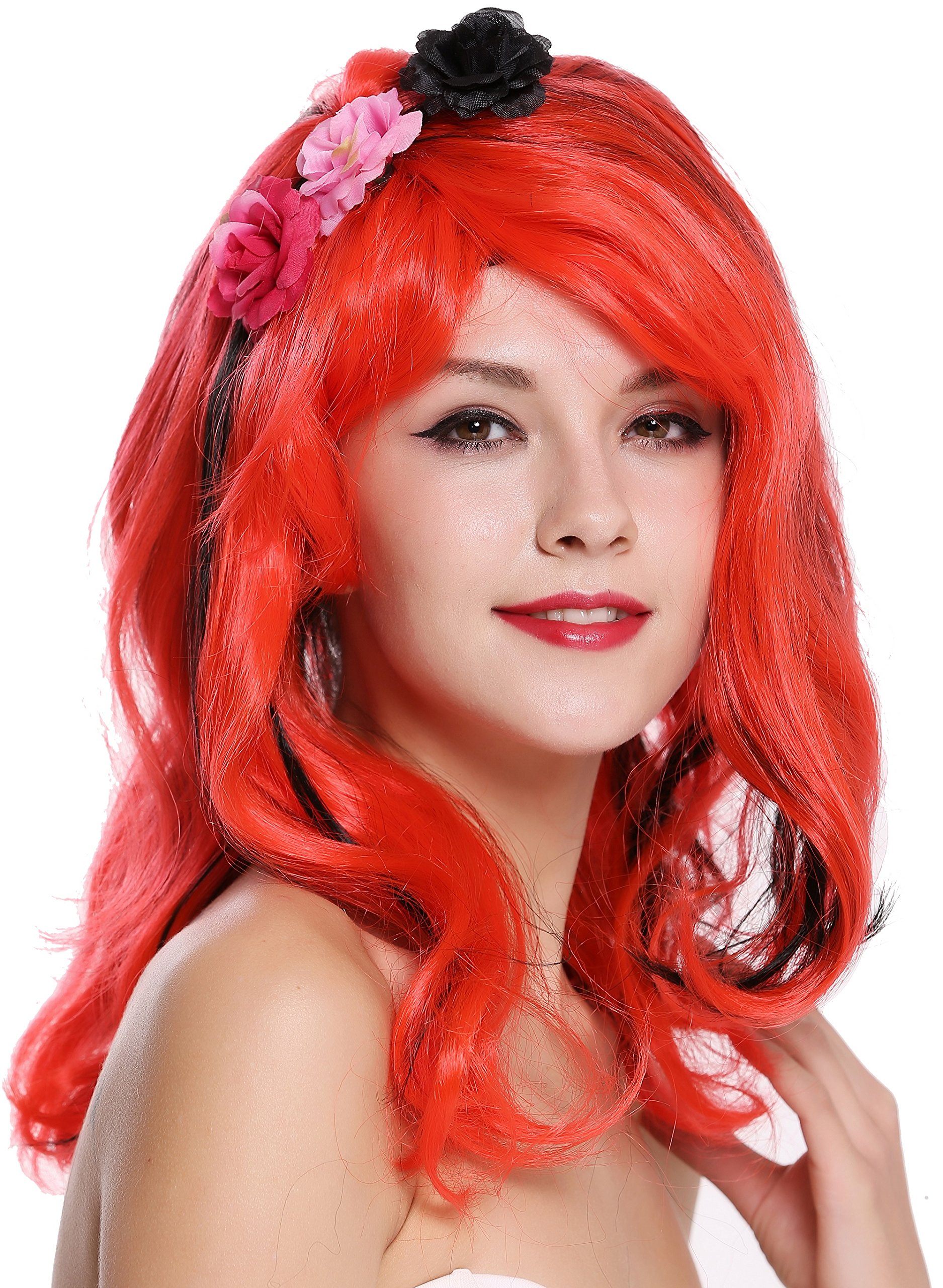 wig-me-up-cxh-009-damen-per-cke-rot-schwarz-gestr-hnt-mit-blumen image 1