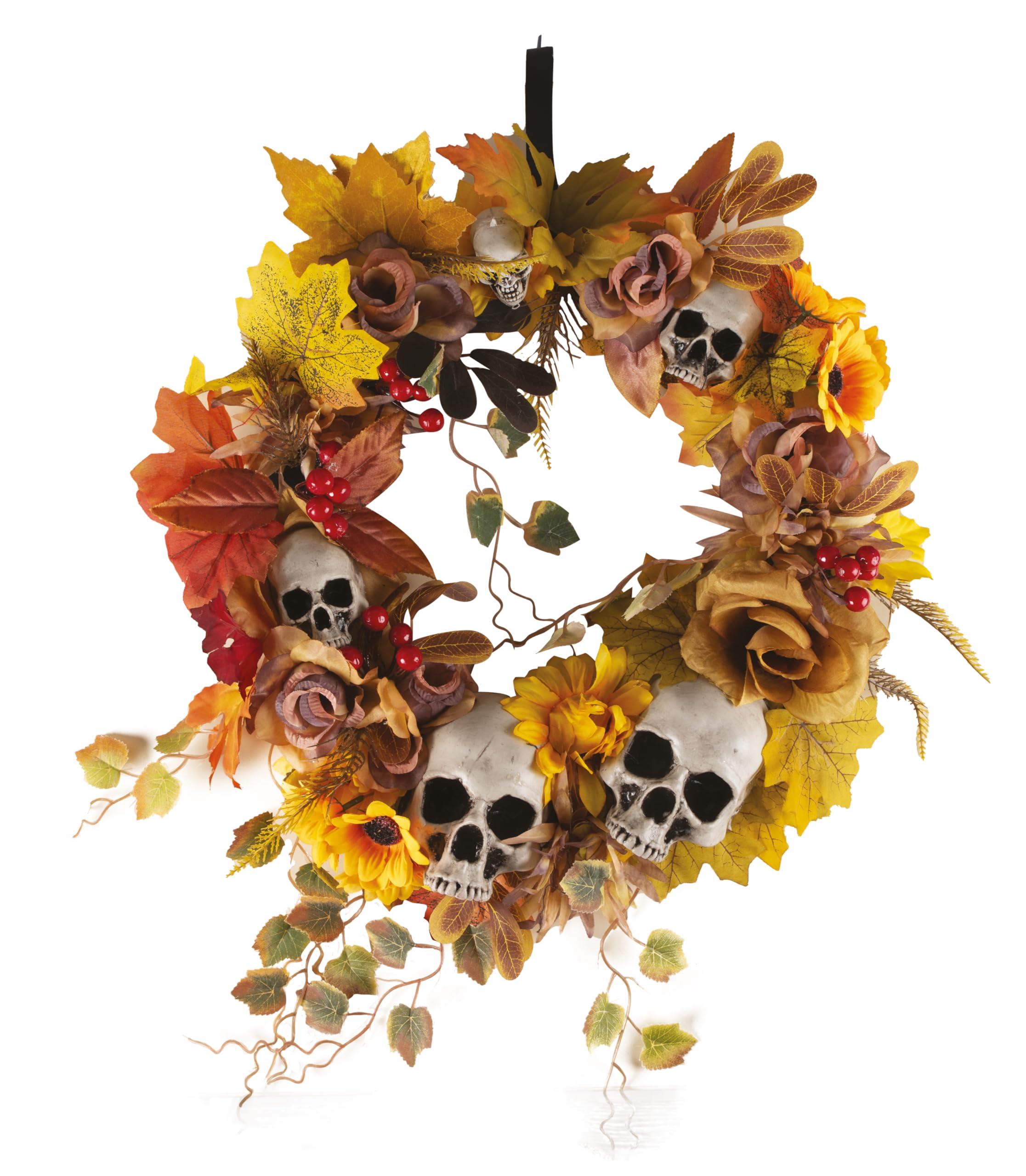 p-tit-clown-halloween-t-rkranz-mit-blumen-und-totenkopf-gold-rot image 3