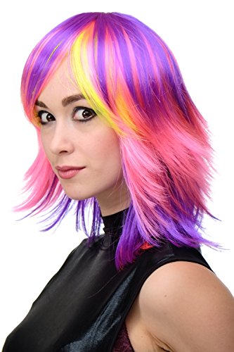 wig-me-up-tyw60367-neon-damenper-cke-vielfarbig-lila-pink-gelb-mit-pony-40-cm image 8