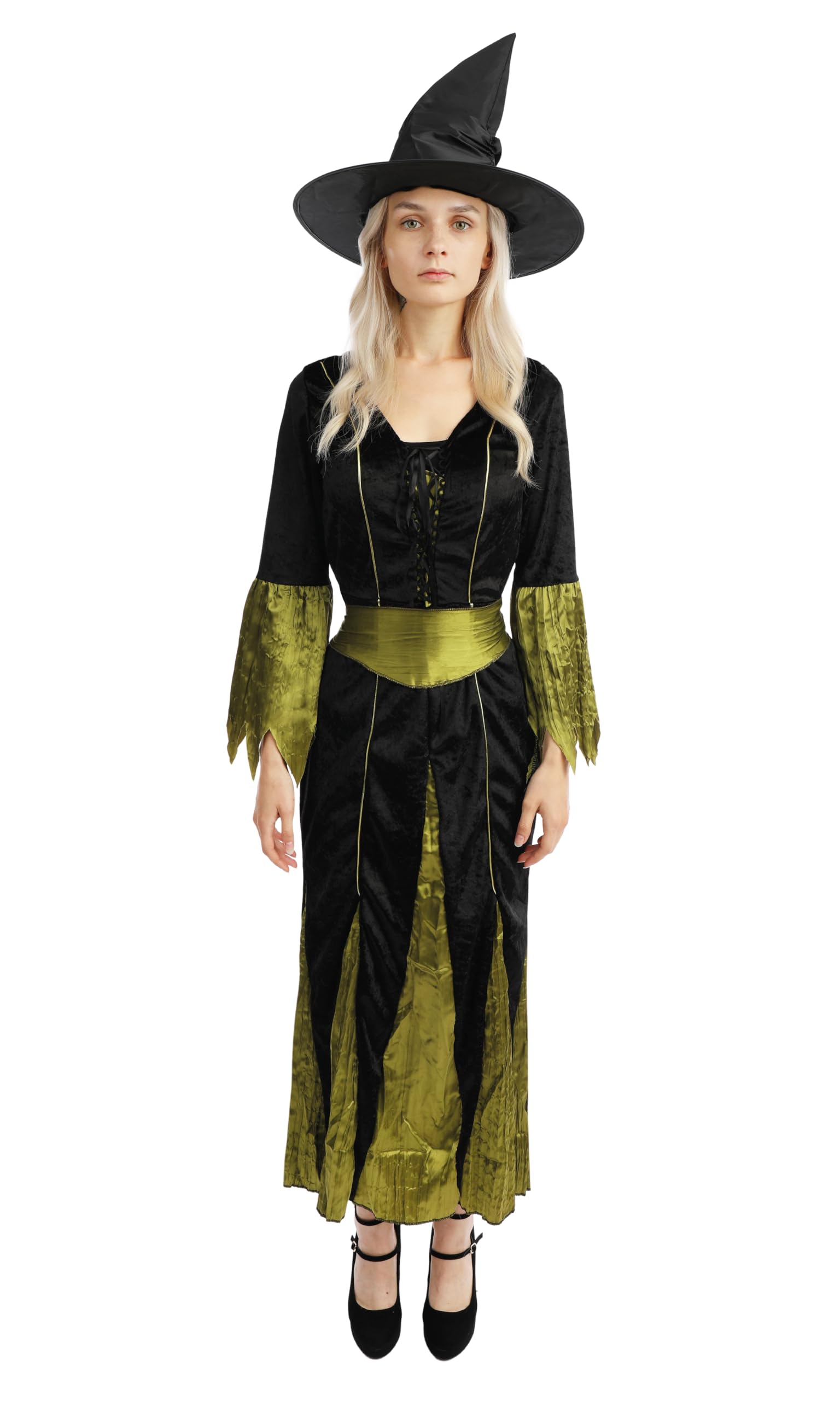 p-tit-clown-hexenkleid-damen-lang-schwarz-gr-n-gr-l-mit-hut image 1