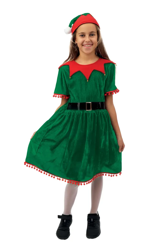 ptit-clown-wichtelkost-m-f-r-m-dchen-gr-n-mit-kleid-g-rtel-und-gl-ckchen-m-tze image 1
