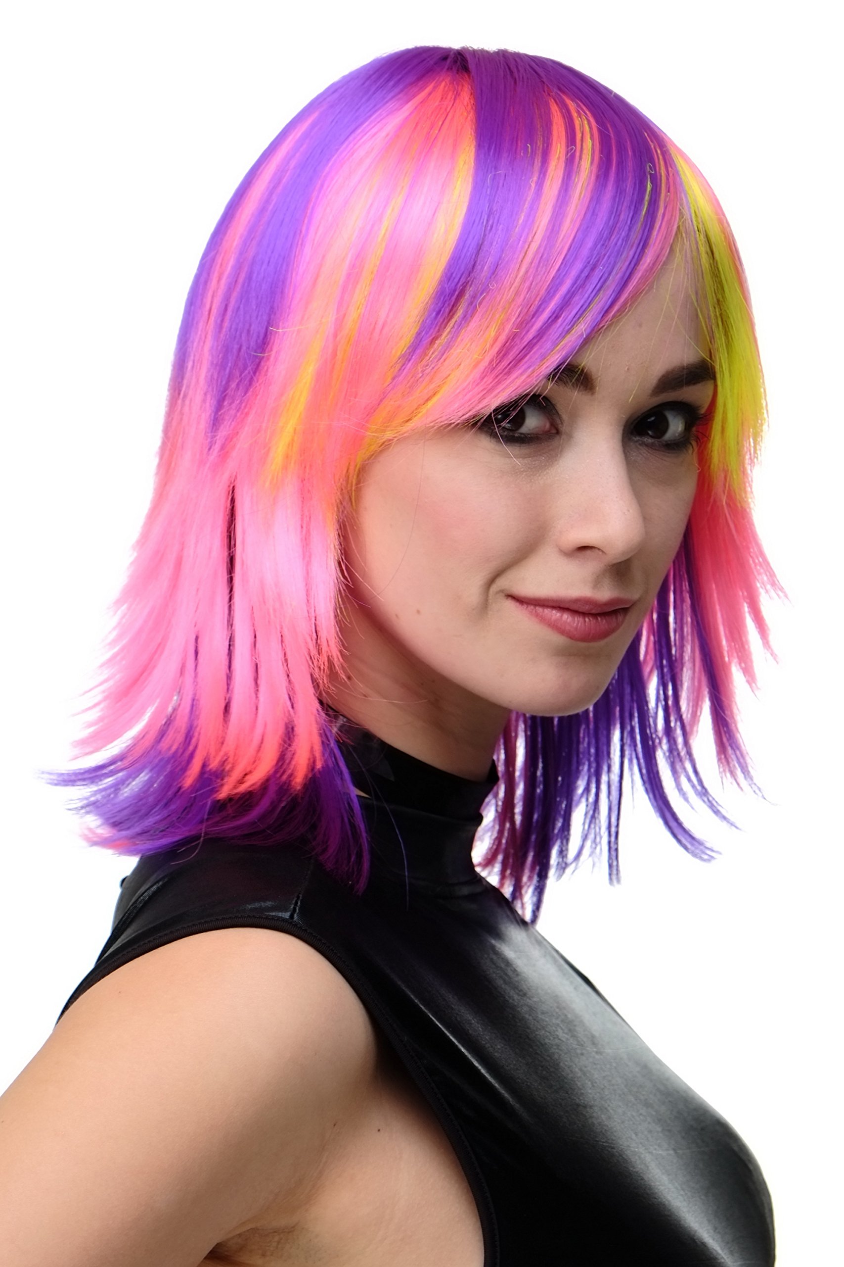 wig-me-up-tyw60367-neon-damenper-cke-vielfarbig-lila-pink-gelb-mit-pony-40-cm image 2