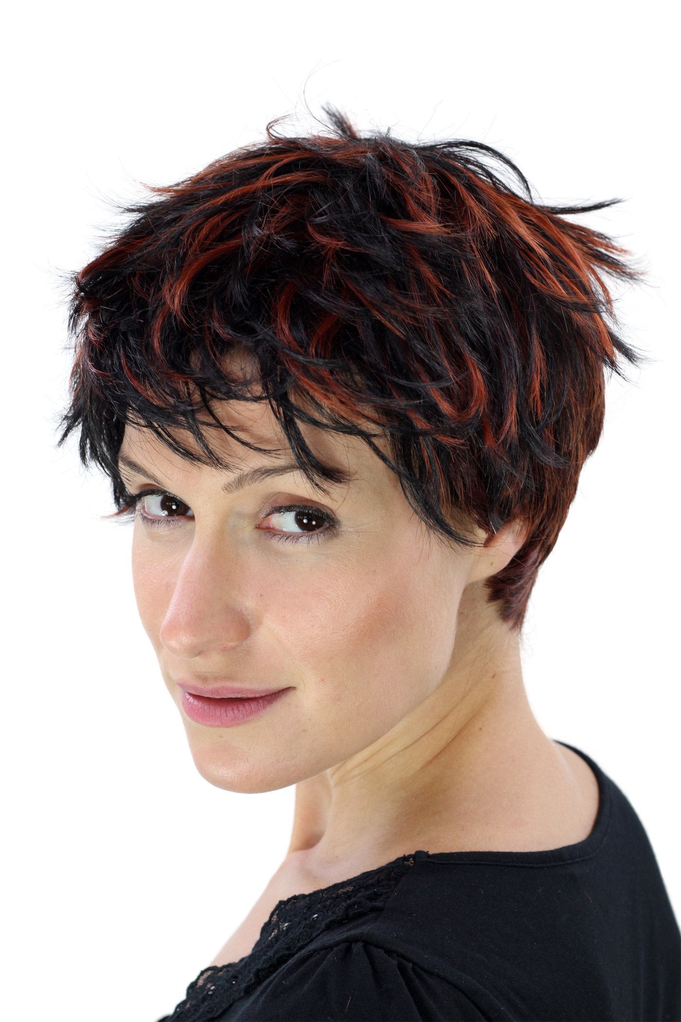 wig-me-up-yzf-4126-1b350-kurzhaarper-cke-schwarz-mit-roten-str-hnen-20-cm image 1